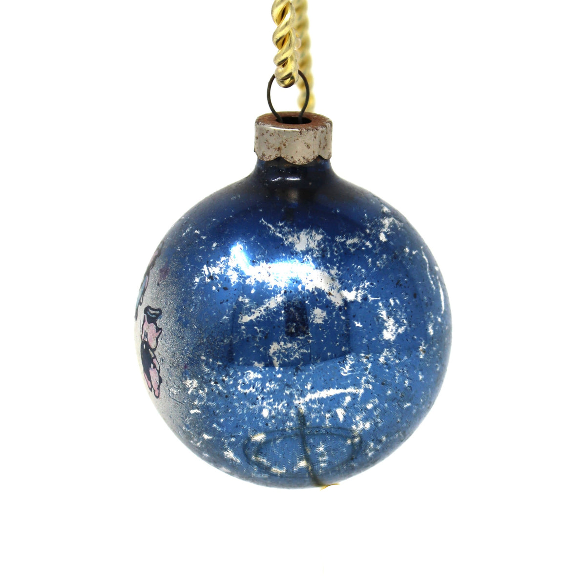 Side view of vintage ornament: Mercury Glass Ball, Blue with Three Little Pigs Decal, Mid Century 1950s