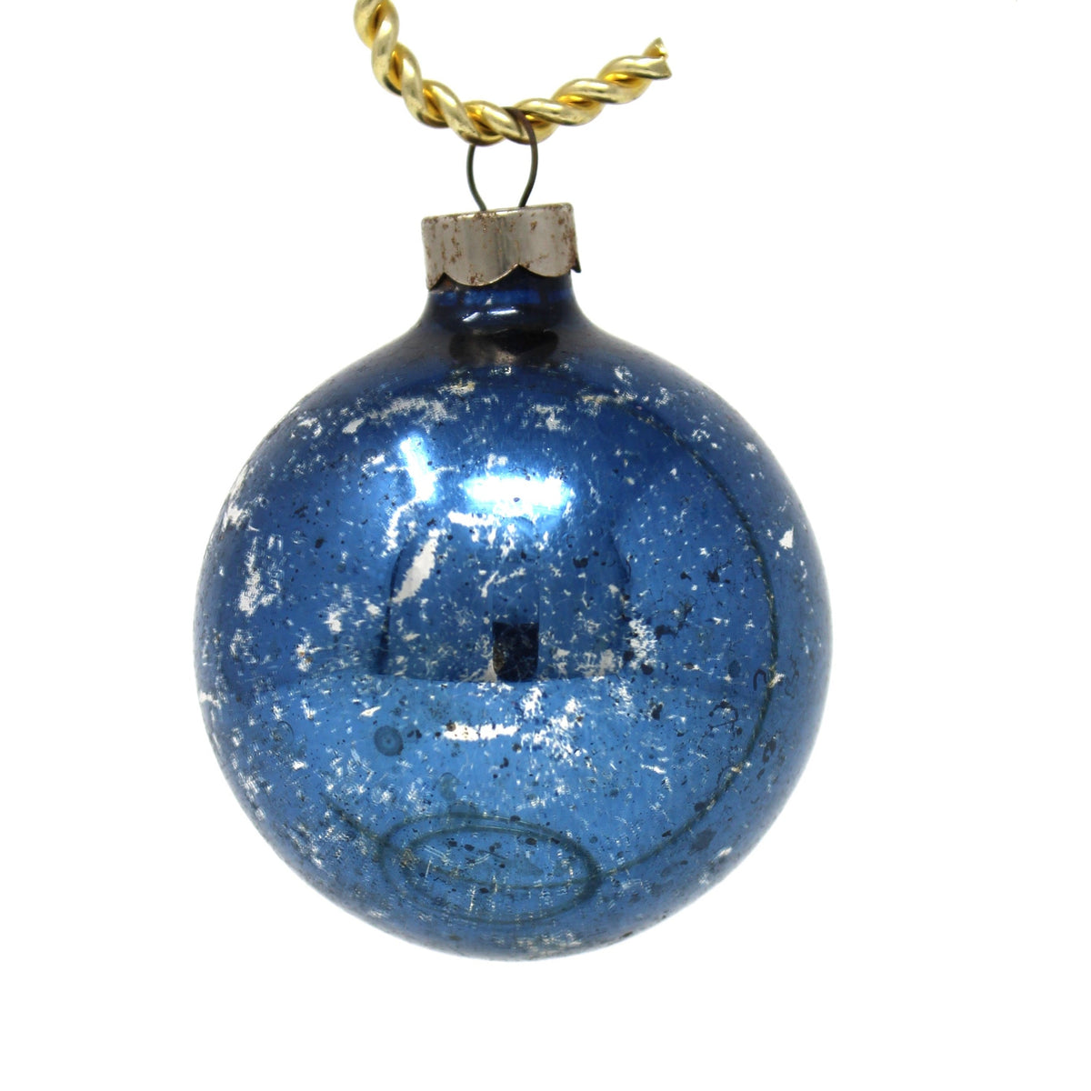 Back view of vintage ornament: Mercury Glass Ball, Blue with Three Little Pigs Decal, Mid Century 1950s