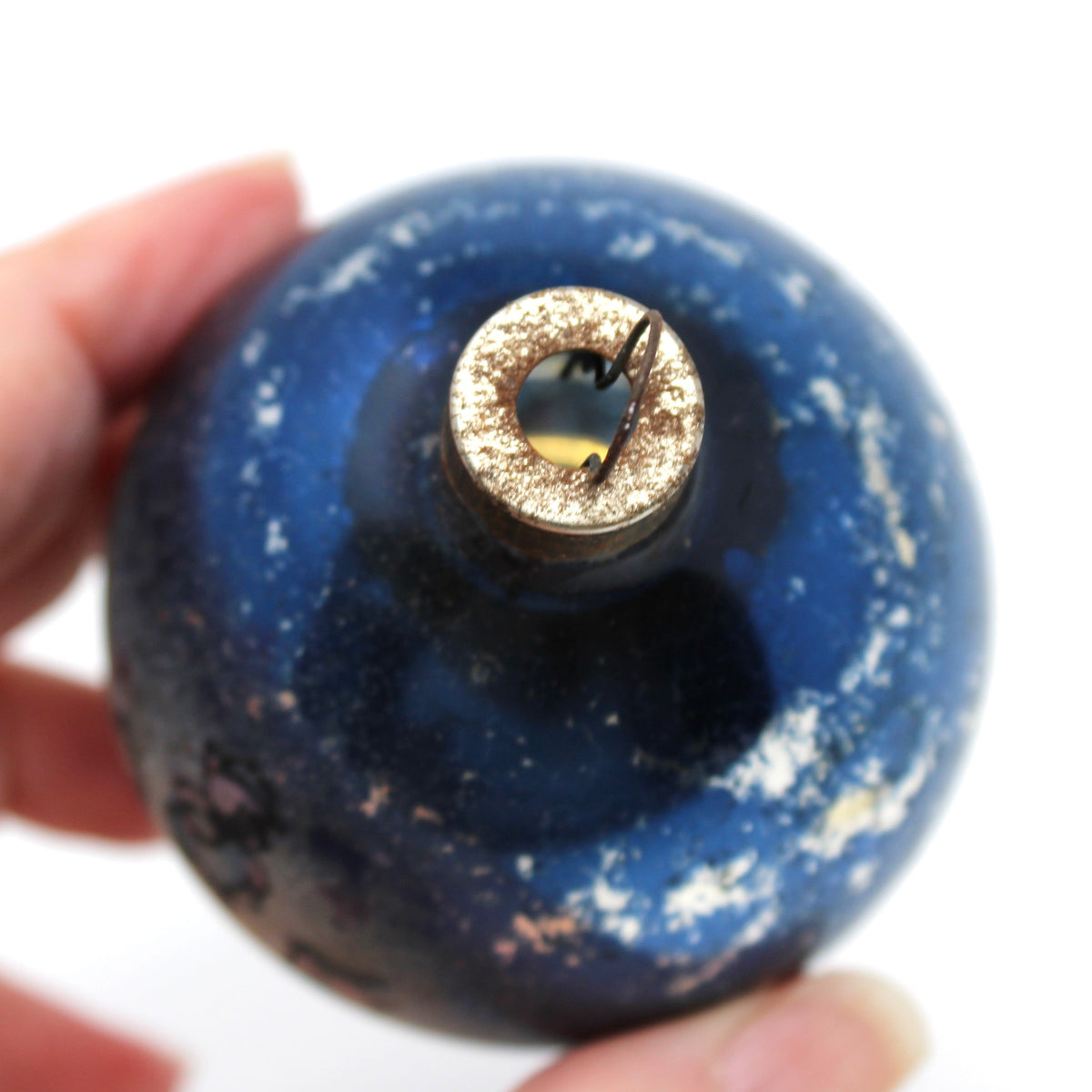Ornaments: Mercury Glass Ball, Blue with Three Little Pigs Decal, Vintage 1950s