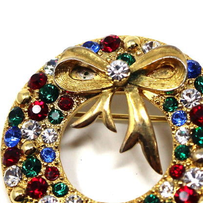 Brooch / Pin, Eisenberg Ice, Christmas Wreath with Bow Brooch, Colorful Rhinestones Gold Tone, Vintage