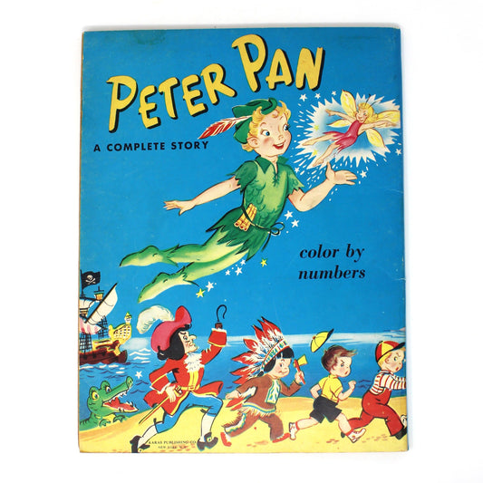 Back cover of vintage children's coloring book titled 'Peter Pan: A Complete Story' with a bright blue cover, yellow title text, and colorful Peter Pan and Captain Hook illustrations. Unused dated 1961