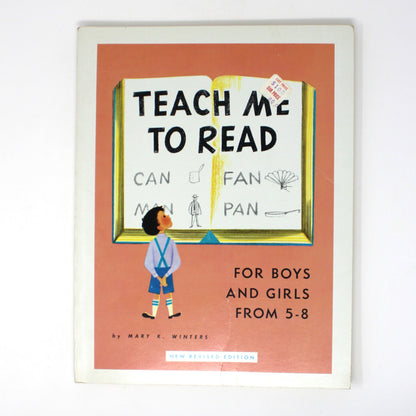 A vintage children's book titled 'TEACH ME TO READ' by Mary E. Winters, featuring a terracotta-colored cover with an illustration of a child reading and black text. Unused, dated 1959.