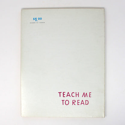 Back cover view of a vintage home schooling book, featuring the title 'TEACH ME TO READ' in pink text near the bottom and a small blue price mark  in the top left corner.