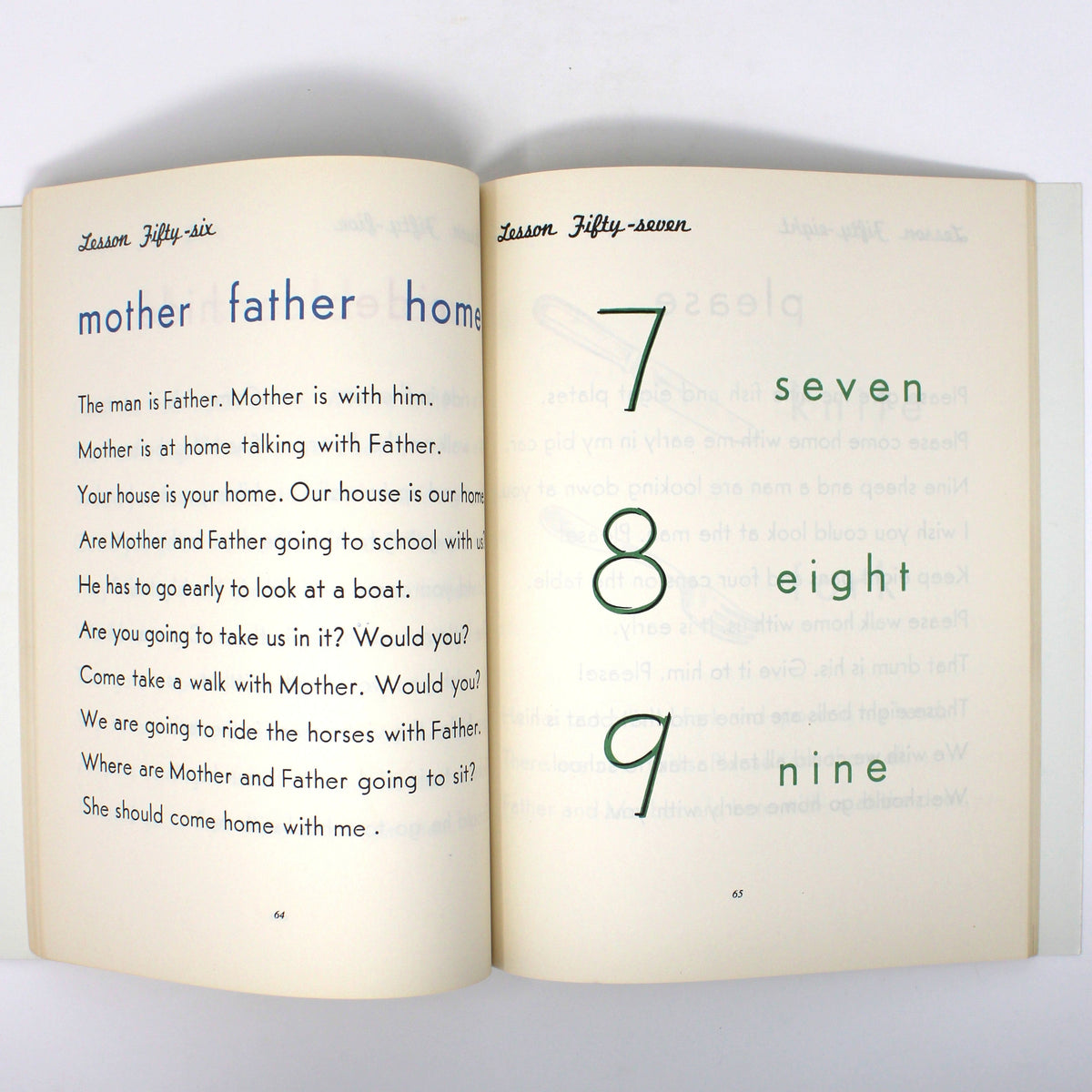 An open vintage children's book showing a page with the words 'mother father home' and large printed numbers 7, 8, and 9 in green.  Unused copy, dated 1959. Homeschooling book.