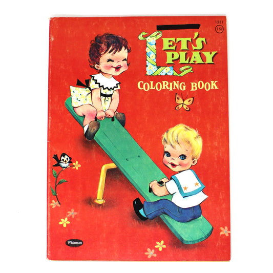 Vintage 'Let's Play Coloring Book' with a red cover featuring retro illustrations of children playing on a seesaw. Whitman dated 1956 unused.  
