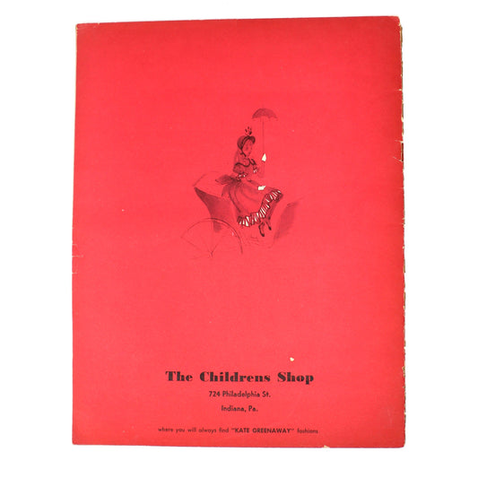 Back cover of a vintage red coloring booklet for 'The Children's Shop' from 1952, featuring a small black-and-white illustration of a child.