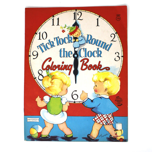 Vintage unused children's coloring book titled 'Tick Tock Round the Clock Coloring Book' with a large illustrated clock face and two cartoon children on a red, white, and blue cover. Dated 1954