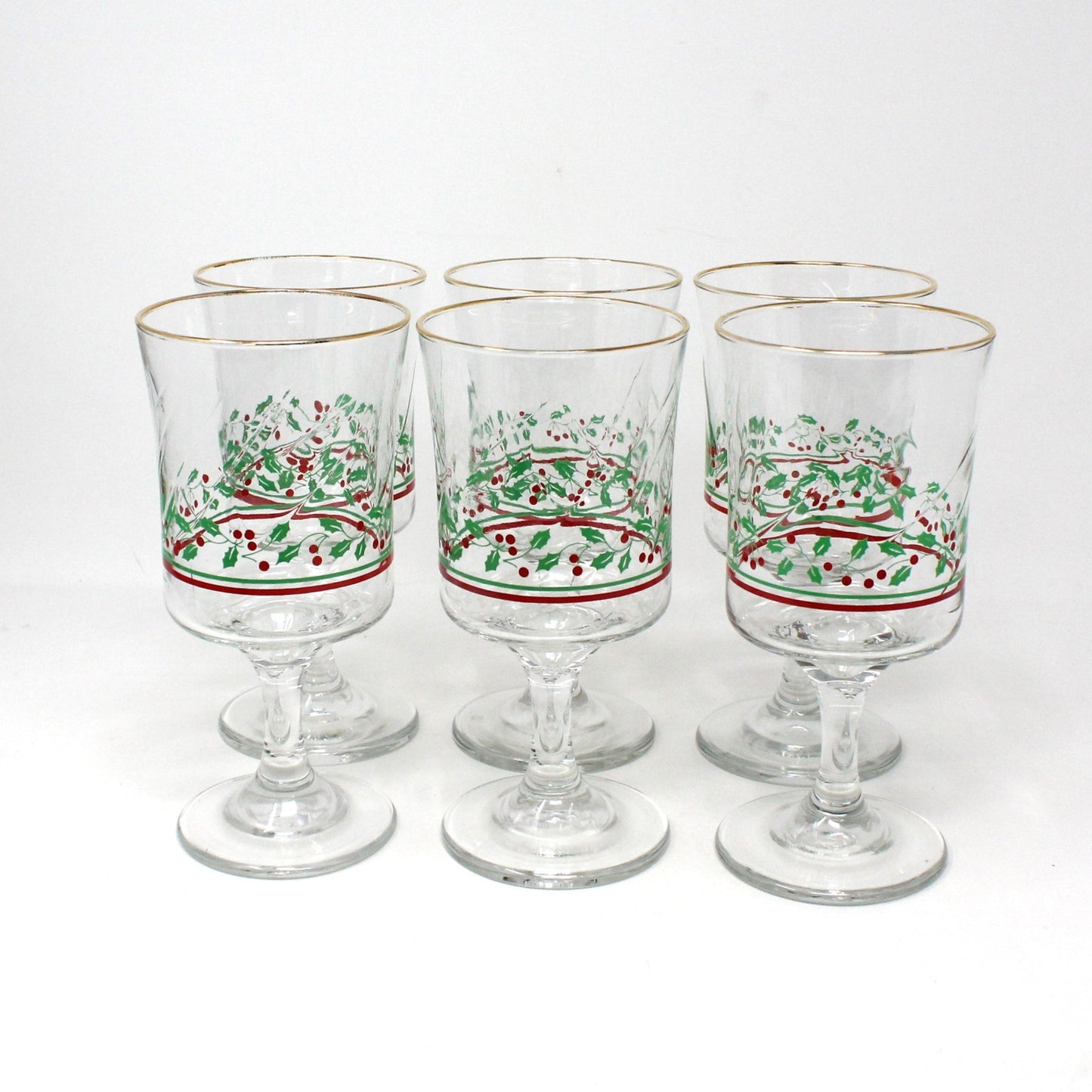 Water Goblets, Arby's, Christmas Collection, Holly & Berries, Gold Rim, Set of 6, Vintage Stemware