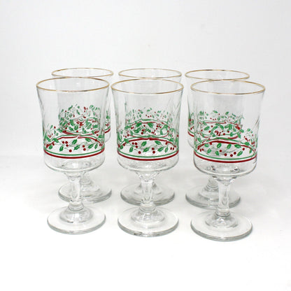 Water Goblets, Arby's, Christmas Collection, Holly & Berries, Gold Rim, Set of 6, Vintage Stemware