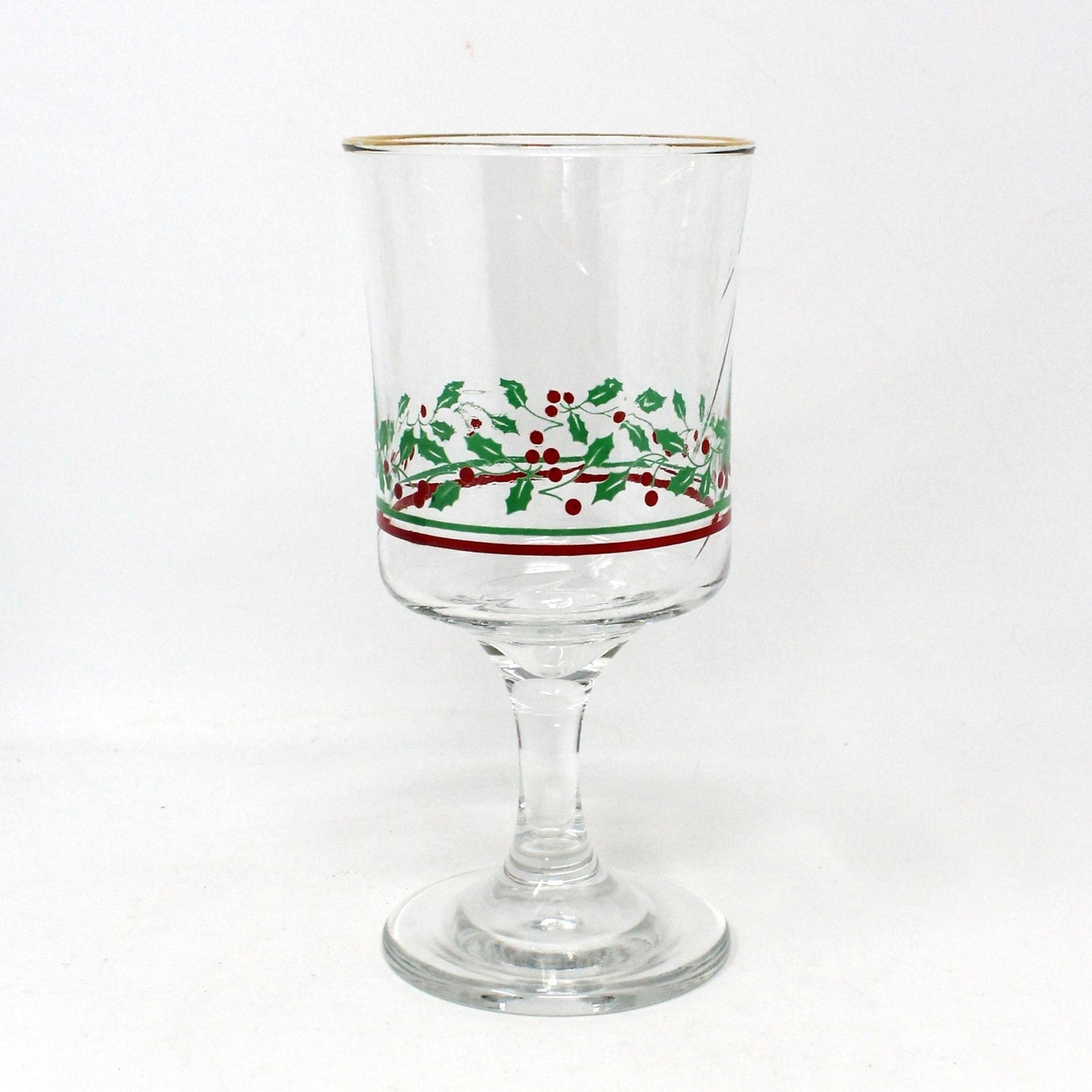 Water Goblets, Arby's, Christmas Collection, Holly & Berries, Gold Rim, Set of 6, Vintage Stemware