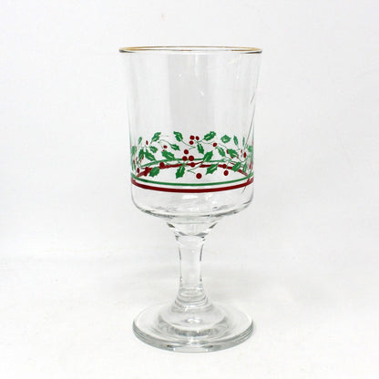 Water Goblets, Arby's, Christmas Collection, Holly & Berries, Gold Rim, Set of 6, Vintage Stemware