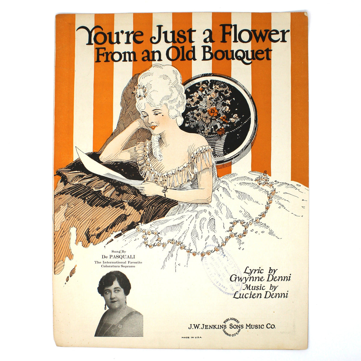A vintage sheet music cover titled 'You're Just a Flower From an Old Bouquet' with an illustrated woman in a white gown against orange and cream vertical stripes.
