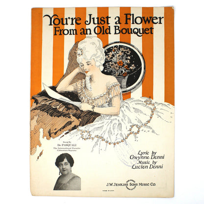 A vintage sheet music cover titled 'You're Just a Flower From an Old Bouquet' with an illustrated woman in a white gown against orange and cream vertical stripes.