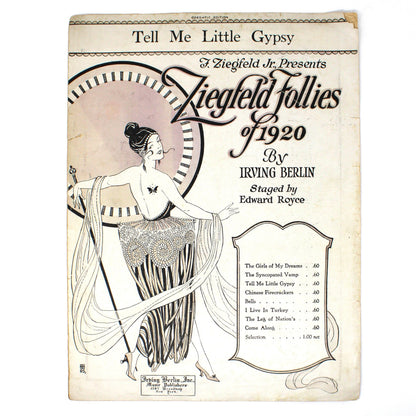 Vintage sheet music cover for 'Tell Me Little Gypsy' from 'Ziegfeld Follies of 1920', featuring an Art Deco illustration of a woman in a flowing dress on an aged cream paper background.