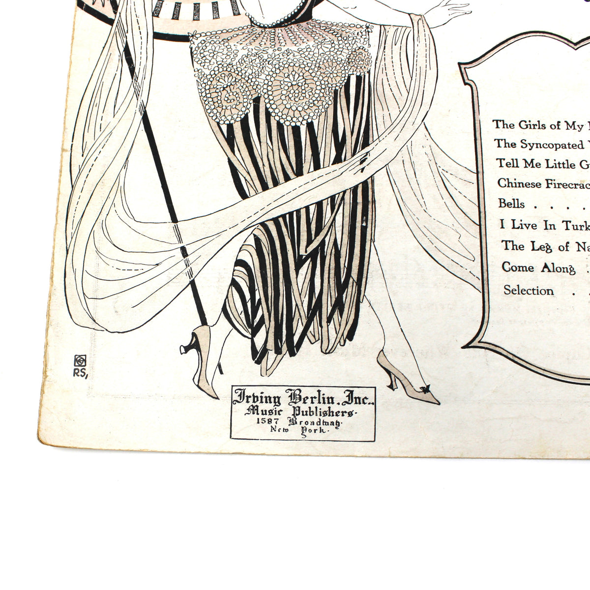 A vintage fashion illustration print showing a woman in a flowing dress with a price list printed on the right side, photographed against a plain white background.