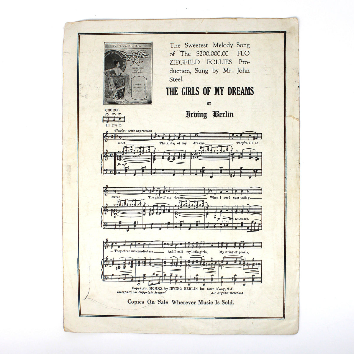 A vintage sheet music print for 'The Cries of My Dreams' by Irving Berlin, featuring black printed musical notation and text on aged, off-white paper, photographed against a plain white background.