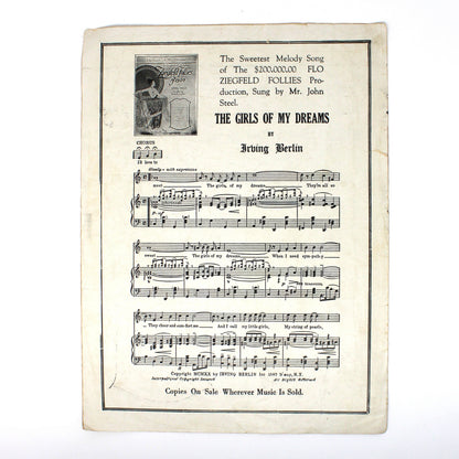A vintage sheet music print for 'The Cries of My Dreams' by Irving Berlin, featuring black printed musical notation and text on aged, off-white paper, photographed against a plain white background.