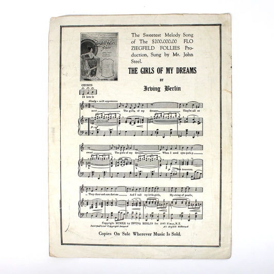 A vintage sheet music print for 'The Cries of My Dreams' by Irving Berlin, featuring black printed musical notation and text on aged, off-white paper, photographed against a plain white background.