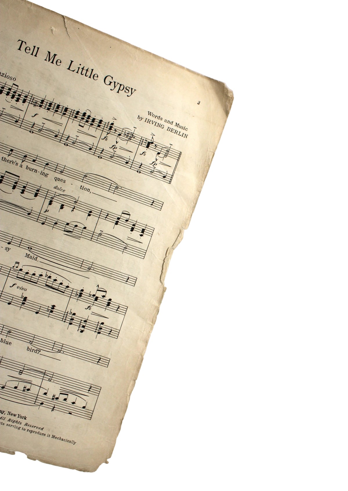 A vintage sheet music page for 'Tell Me Little Gypsy' by Marion Mears, featuring aged yellowed paper with black musical notation, shown against a plain light gray background.
