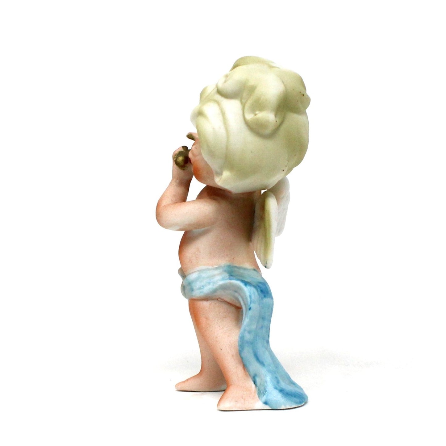 Figurine, Cherub Angel Playing Flute, Blue Sash, Bisque Porcelain, Vintage