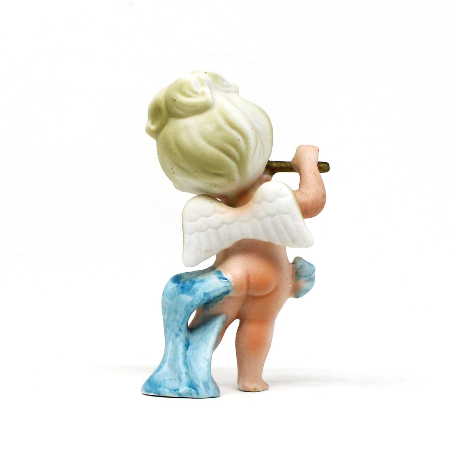 Figurine, Cherub Angel Playing Flute, Blue Sash, Bisque Porcelain, Vintage