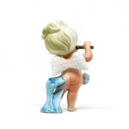 Figurine, Cherub Angel Playing Flute, Blue Sash, Bisque Porcelain, Vintage