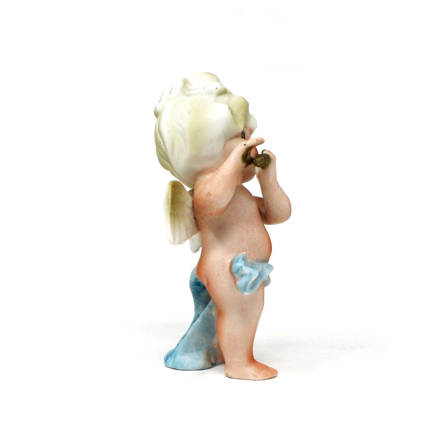 Figurine, Cherub Angel Playing Flute, Blue Sash, Bisque Porcelain, Vintage