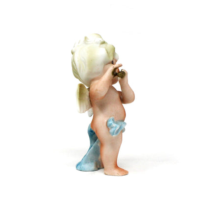 Figurine, Cherub Angel Playing Flute, Blue Sash, Bisque Porcelain, Vintage
