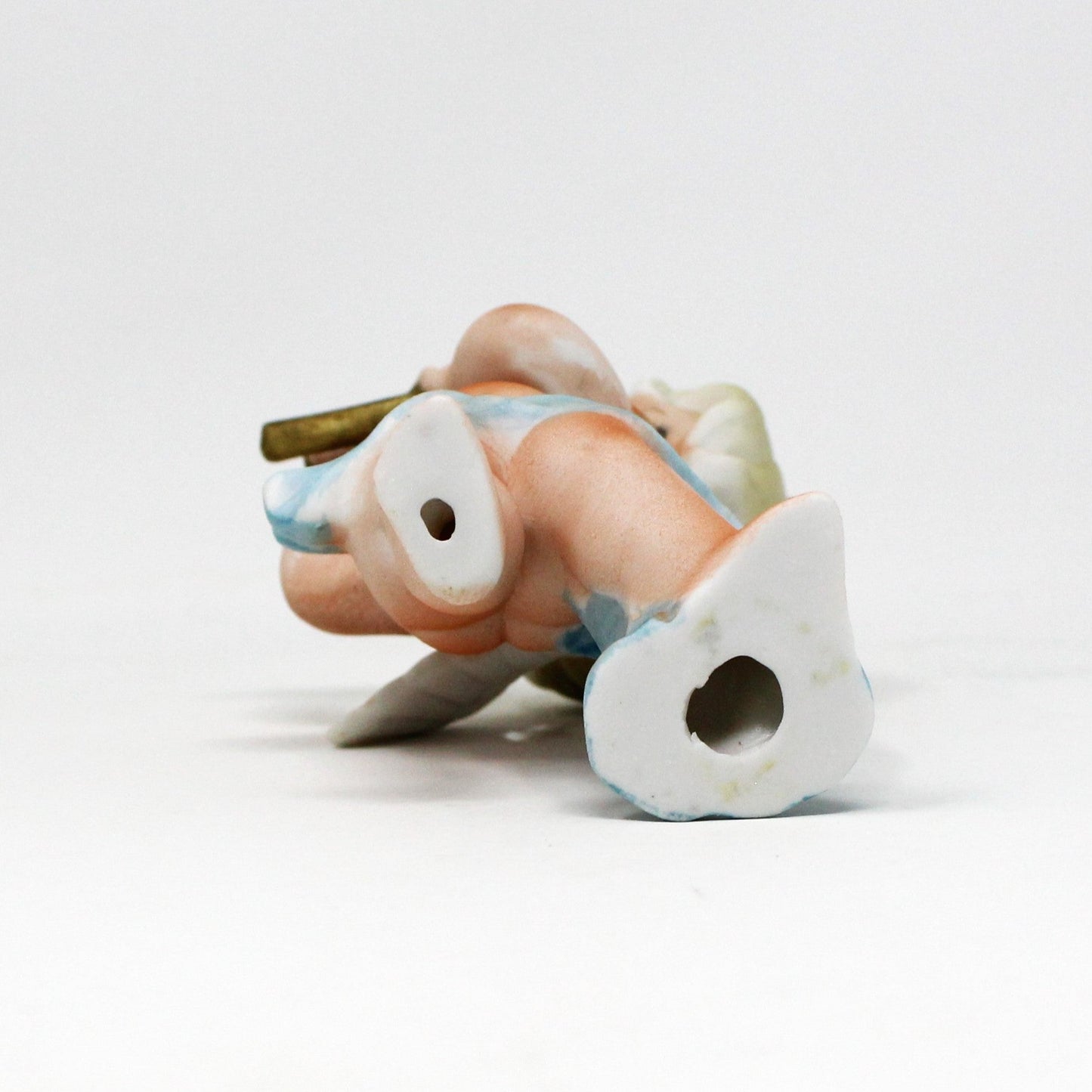 Figurine, Cherub Angel Playing Flute, Blue Sash, Bisque Porcelain, Vintage
