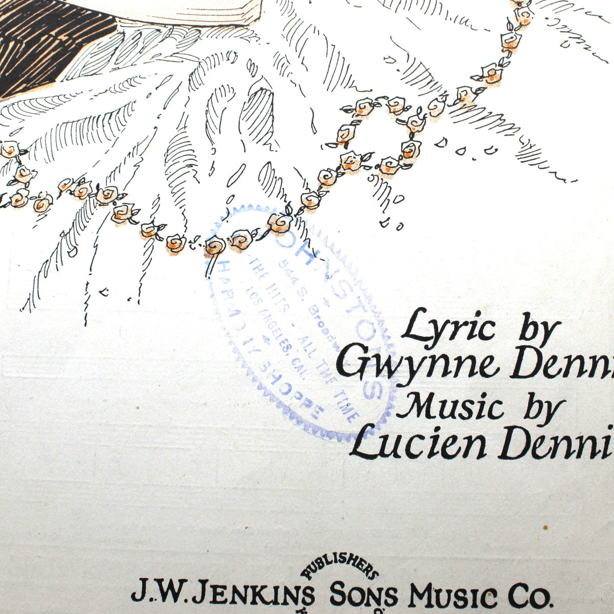 close up of stamp from Johnston's Harmony Shoppe on antique sheet music