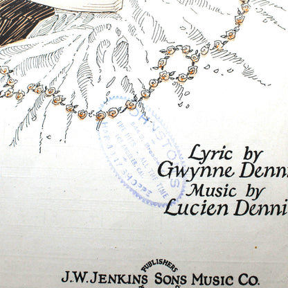 close up of stamp from Johnston's Harmony Shoppe on antique sheet music