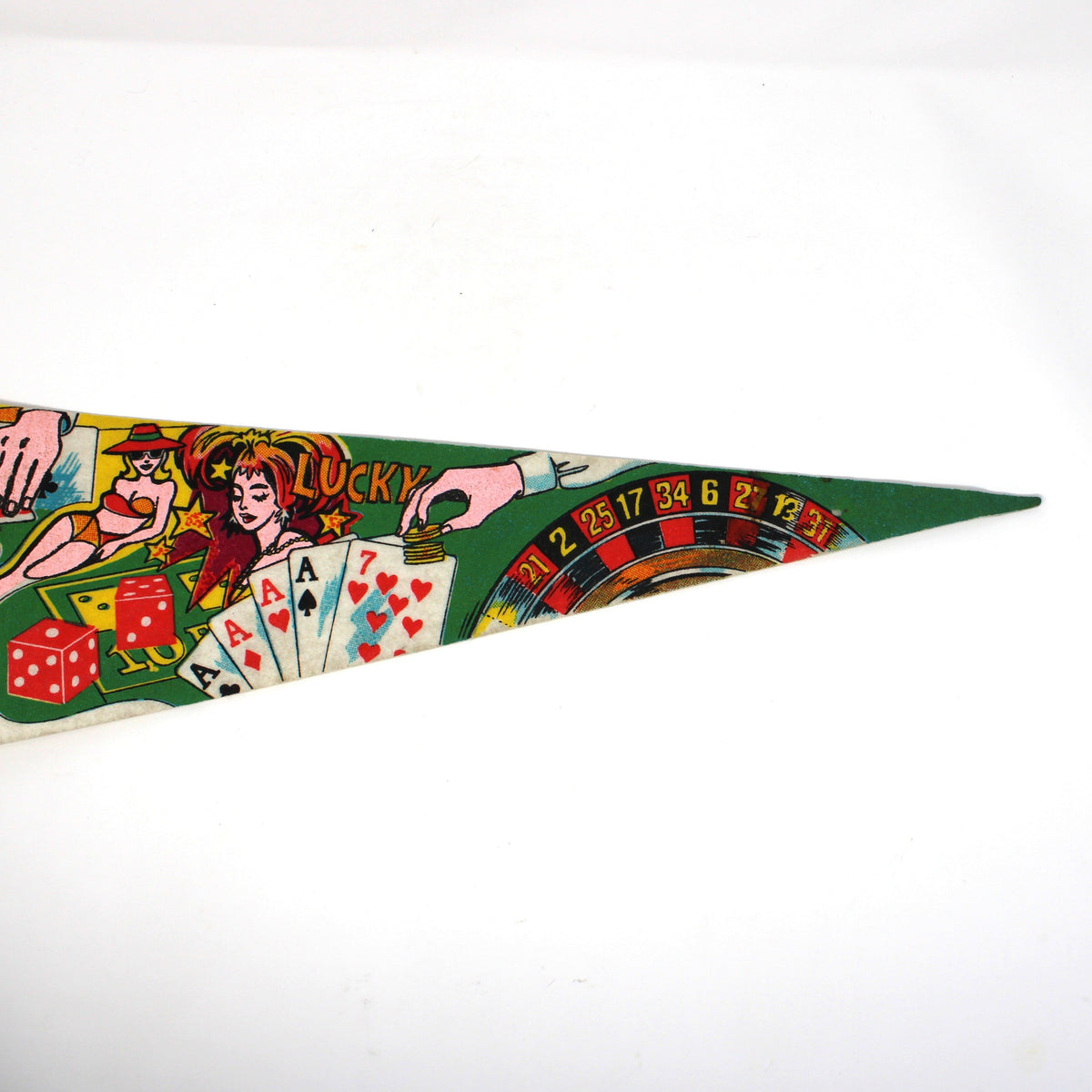 A close-up of a vintage casino pennant flag with colorful illustrations of playing cards, dice, roulette, and the words 'Lucky City' and 'Lucky'.