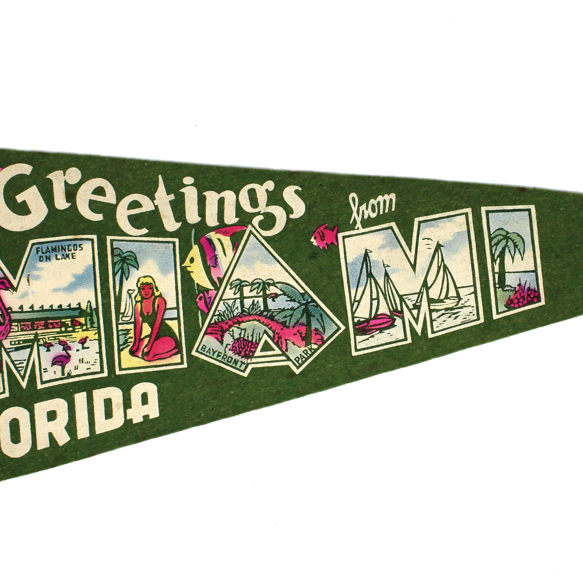 A vintage-style triangular pennant banner reading 'Greetings from Miami' in large outlined letters, with illustrated scenes inside each letter and additional 'Florida' text at the bottom
