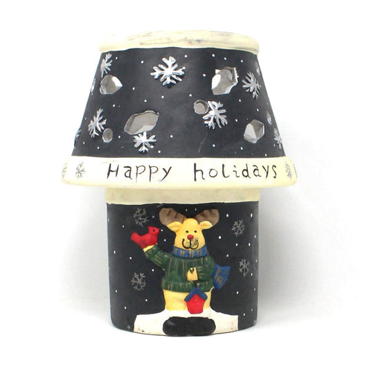 Ceramic candle lamp with a Christmas moose design holding a Cardinal bird, decorated with a 'Happy Holidays' message, and silver snowflakes.  Candle Jar holder