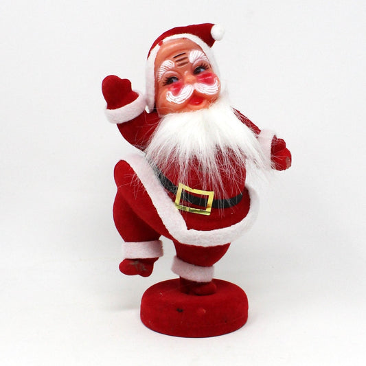 Vintage Flocked Santa Claus, Mid Century Holiday Decor,.  Dancing / Waiving Tabletop Santa on Stand, Kitsch Christmas. 