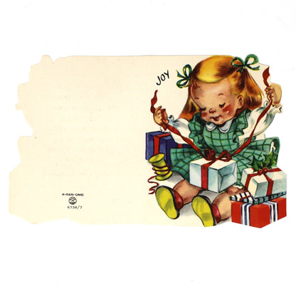 Christmas Card: Vintage 1940s, Die-Cut Girl Wrapping Presents, Unused, A-Meri-Card, Ephemera