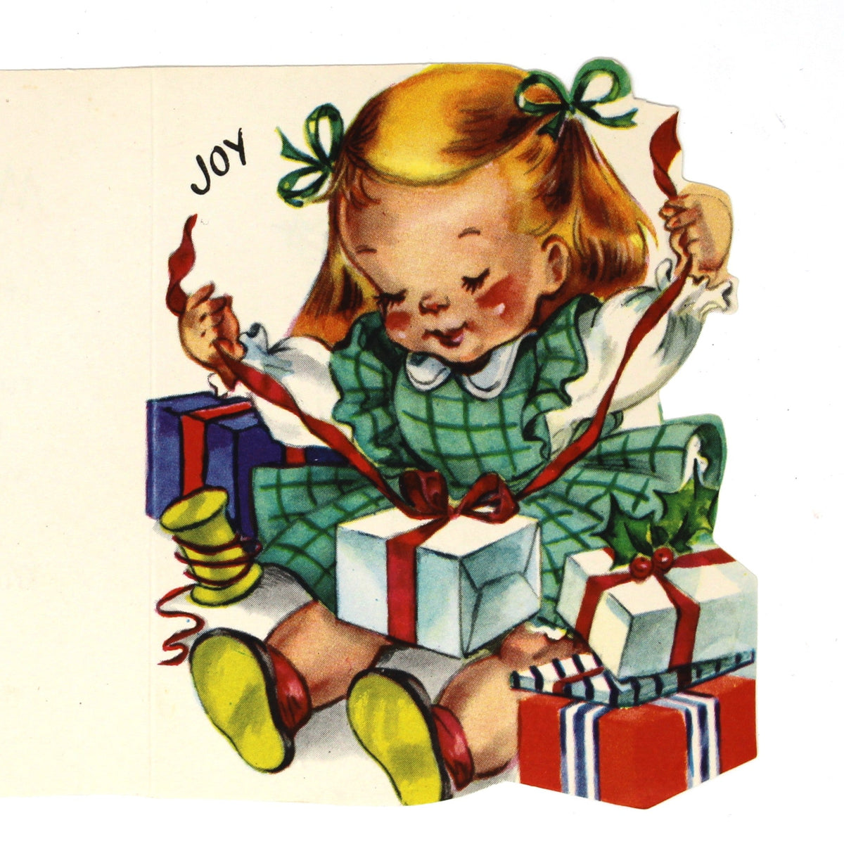 Christmas Card: Vintage 1940s, Die-Cut Girl Wrapping Presents, Unused, A-Meri-Card, Ephemera