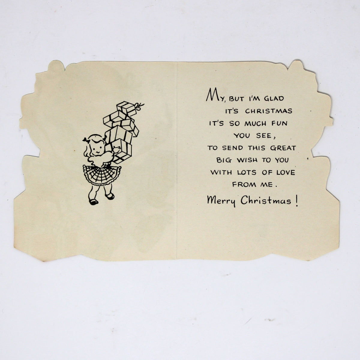 Christmas Card: Vintage 1940s, Die-Cut Girl Wrapping Presents, Unused, A-Meri-Card, Ephemera