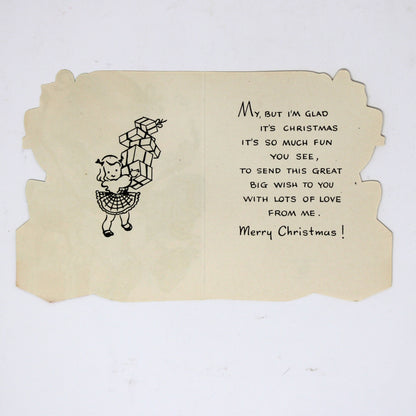 Christmas Card: Vintage 1940s, Die-Cut Girl Wrapping Presents, Unused, A-Meri-Card, Ephemera
