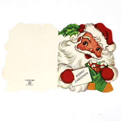 Christmas Card: Vintage 1940s, Die-Cut Santa with Toy Stocking, Unused, A-Meri-Card, Ephemera