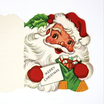 Christmas Card: Vintage 1940s, Die-Cut Santa with Toy Stocking, Unused, A-Meri-Card, Ephemera