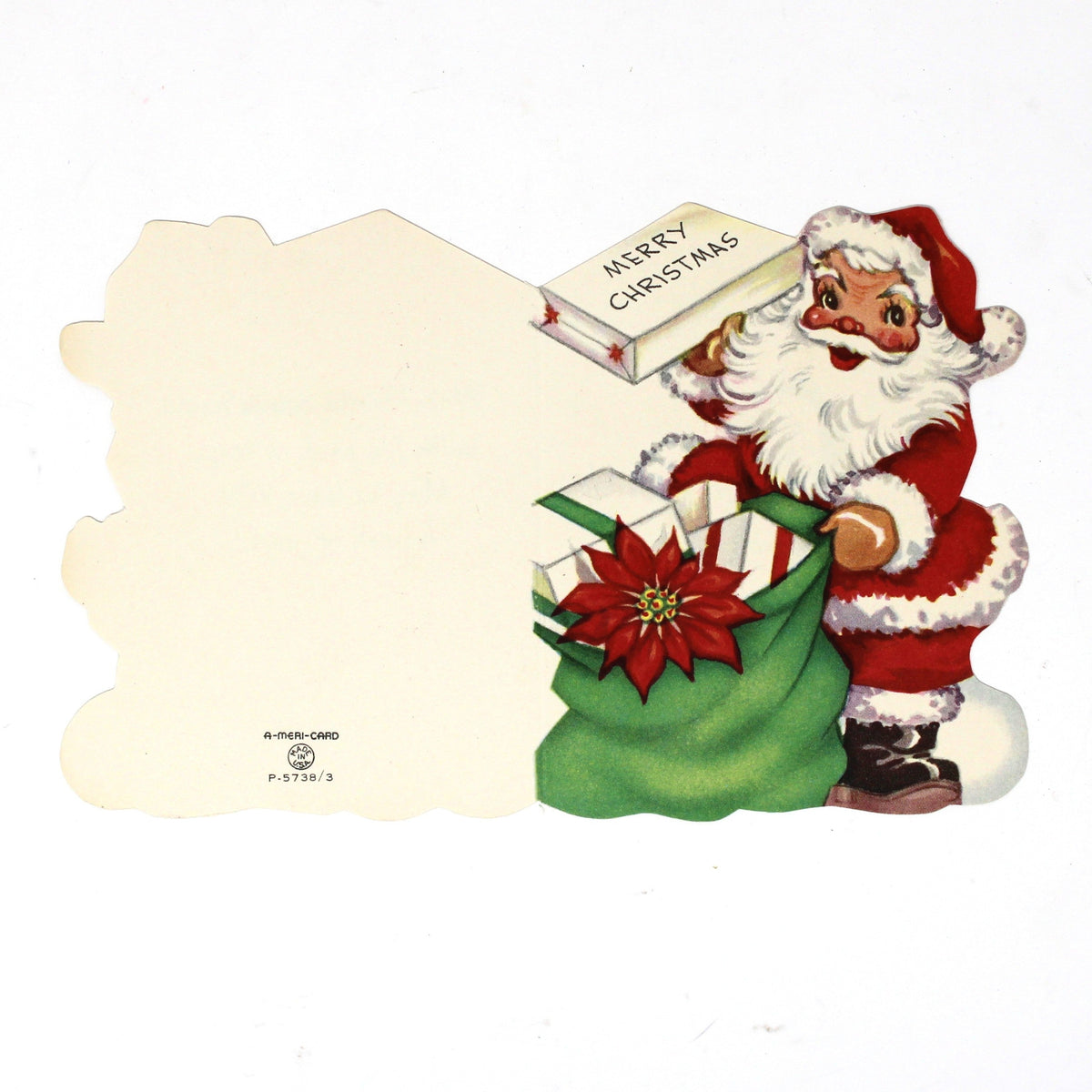 Christmas Card: Vintage 1940s, Die-Cut Santa with Sack, Unused, A-Meri-Card, Ephemera