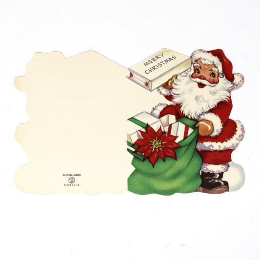 Christmas Card: Vintage 1940s, Die-Cut Santa with Sack, Unused, A-Meri-Card, Ephemera