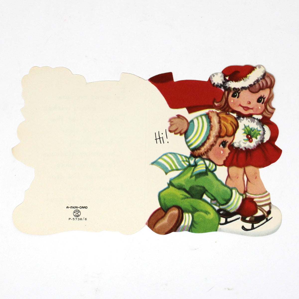 Christmas Card: Vintage 1940s, Die-Cut Ice Skating Couple, Unused, A-Meri-Card, Ephemera
