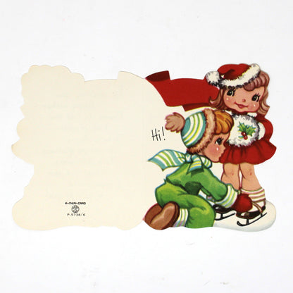 Christmas Card: Vintage 1940s, Die-Cut Ice Skating Couple, Unused, A-Meri-Card, Ephemera