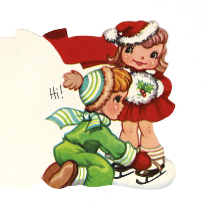 Christmas Card: Vintage 1940s, Die-Cut Ice Skating Couple, Unused, A-Meri-Card, Ephemera