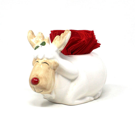 Napkin Holder, Christmas Moose with 12 Red Cloth Cocktail Napkins, Holiday Kitsch, Ceramic, Vintage