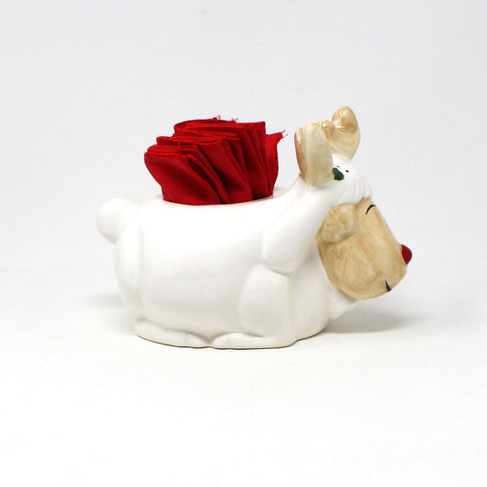 Napkin Holder, Christmas Moose with 12 Red Cloth Cocktail Napkins, Holiday Kitsch, Ceramic, Vintage