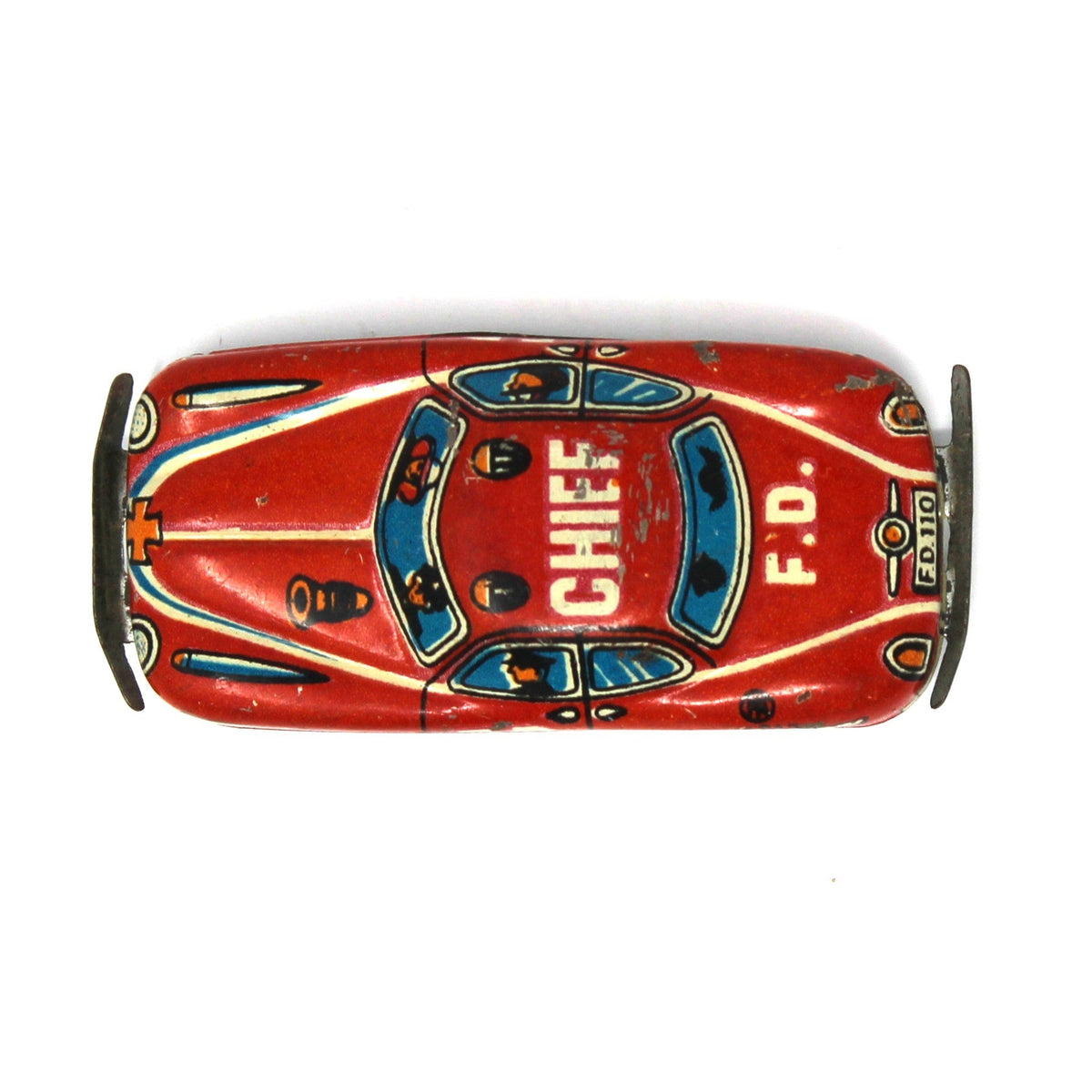 top view of tiny 1950s Nakamura Japanese tin litho Fire Chief penny toy car.  CHIEF in big letters on roof