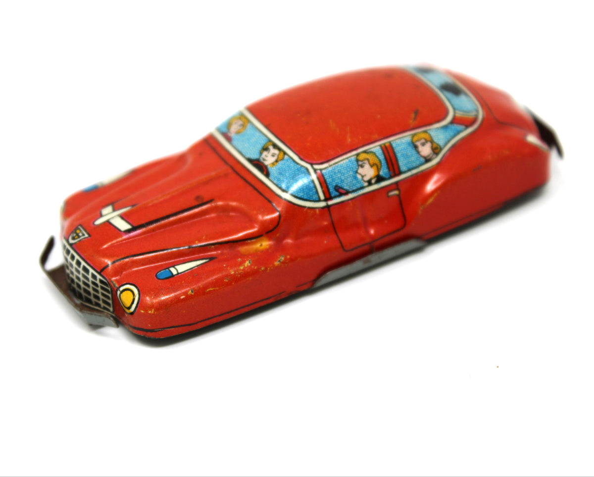 Car: Nakamura Mini Tin Litho Sedan with Passengers, Japan, Vintage 1950s